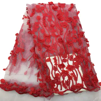 

Special Red African 3D flowers lace fabric with beads Nigerian 3D Mesh lace fabric With High quality for dress HX722-1