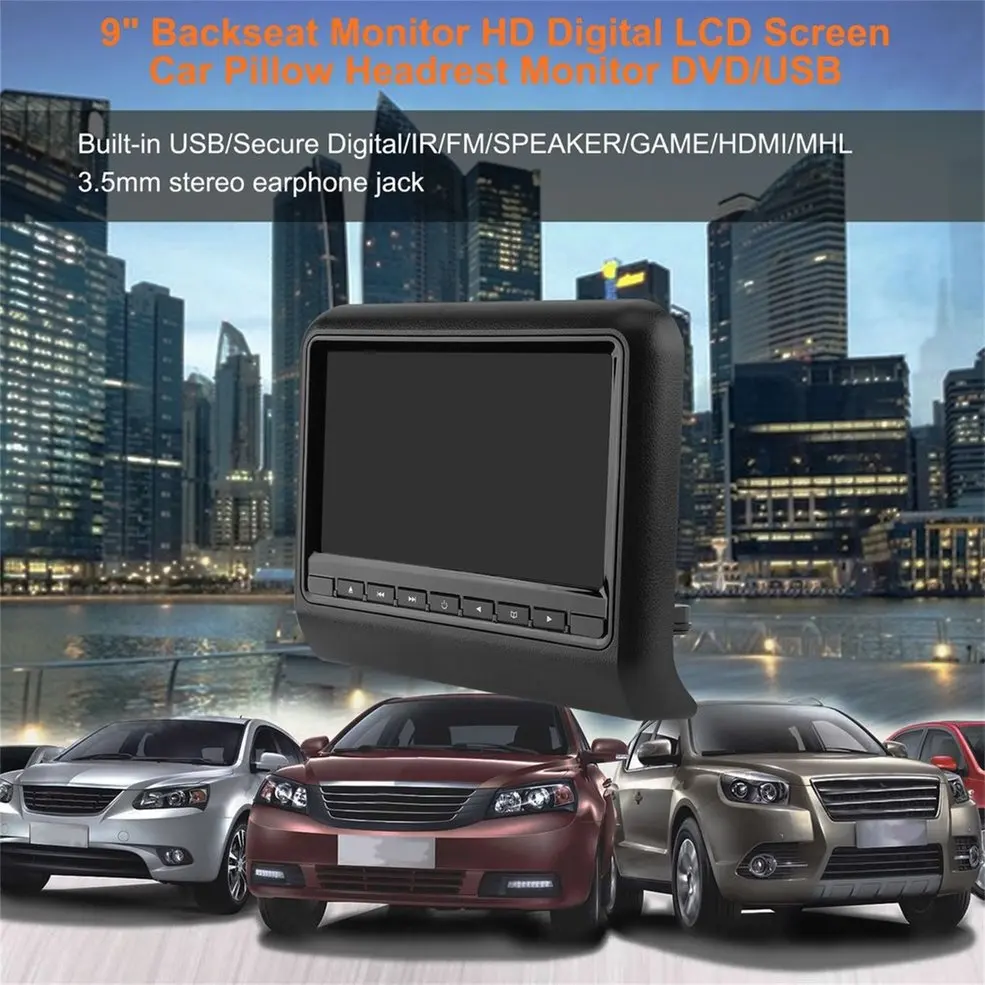 

9" Backseat Monitor HD Digital LCD Screen Car Pillow Bracket Headrest Monitor DVD/USB Player IR FM Transmitter