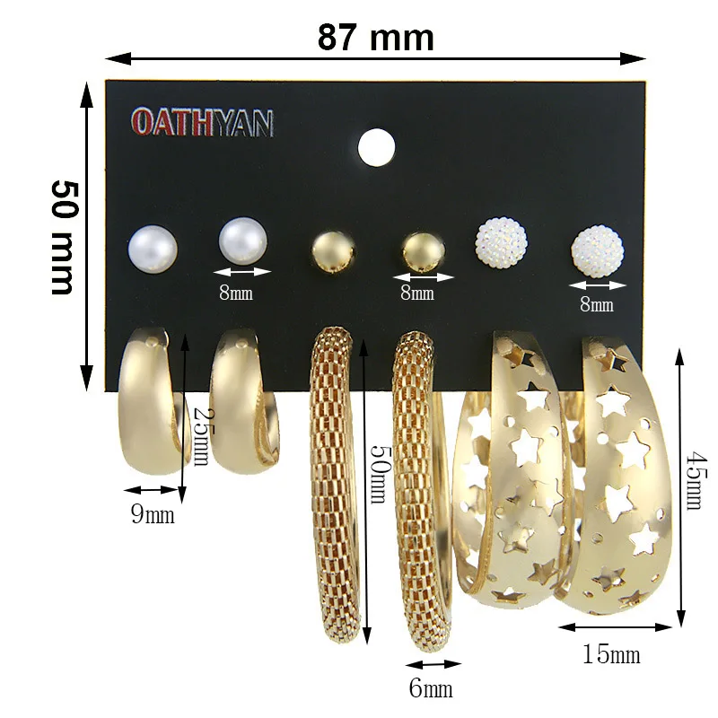 OATHYAN 6 пар/компл. женские Модные круглые звезды большие серьги в виде колец, комплекты с золотым Цвет легированная квадратная шар лист круг, высокое качество, прекрасный подарок