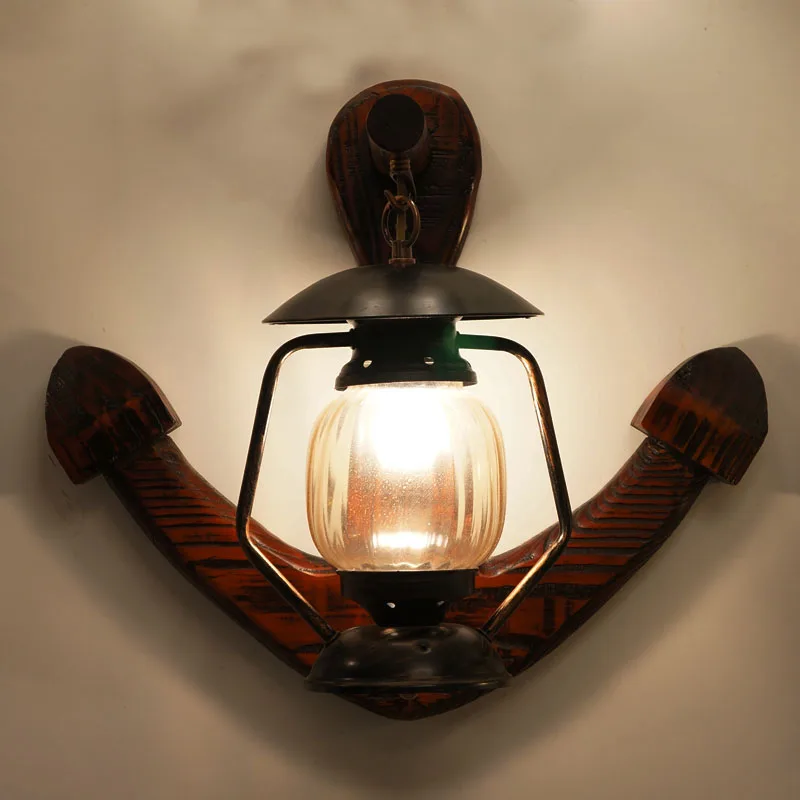 

Creative anchor design wall lamp high quality solid wood body amber lampshade E27 bulb themed restaurant decor led lighting