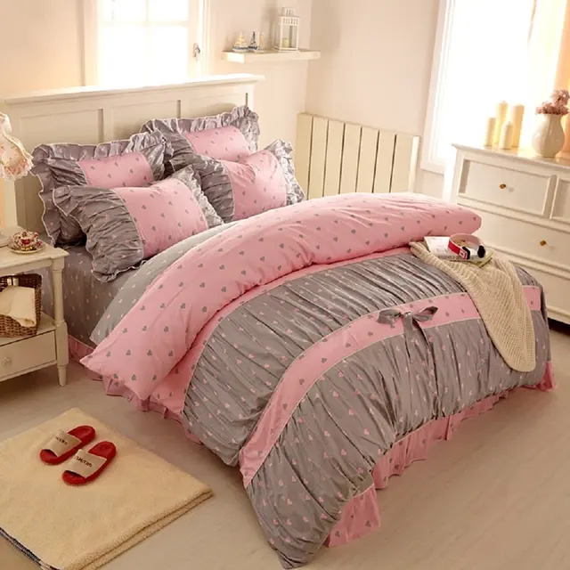 Cheap Sweet Heart Print Fairy Bedding Sets Korean Ruffled Bed Cover Floral Girls Bedding Cheap Sweet Heart Print Fairy Bedding Sets Korean Ruffled Bed Cover Floral Girls Bedding