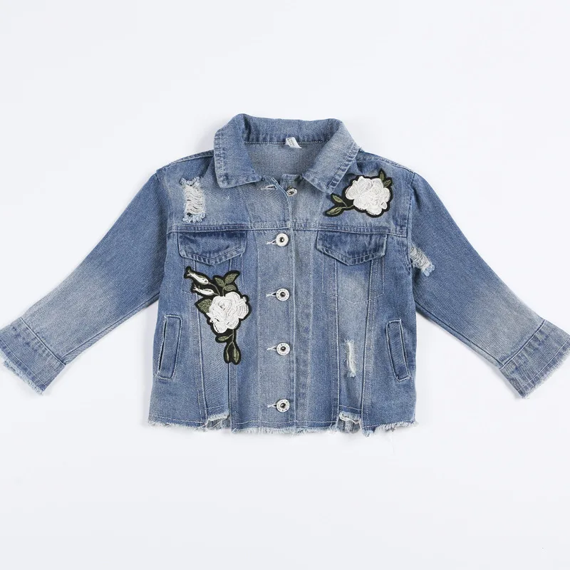 Kids Girls Clothing Jeans Jackets 2017 New Autumn Solid Floral Print Full Sleeve Jeans Jackets Baby Girls Outwear Clothes 6jk010