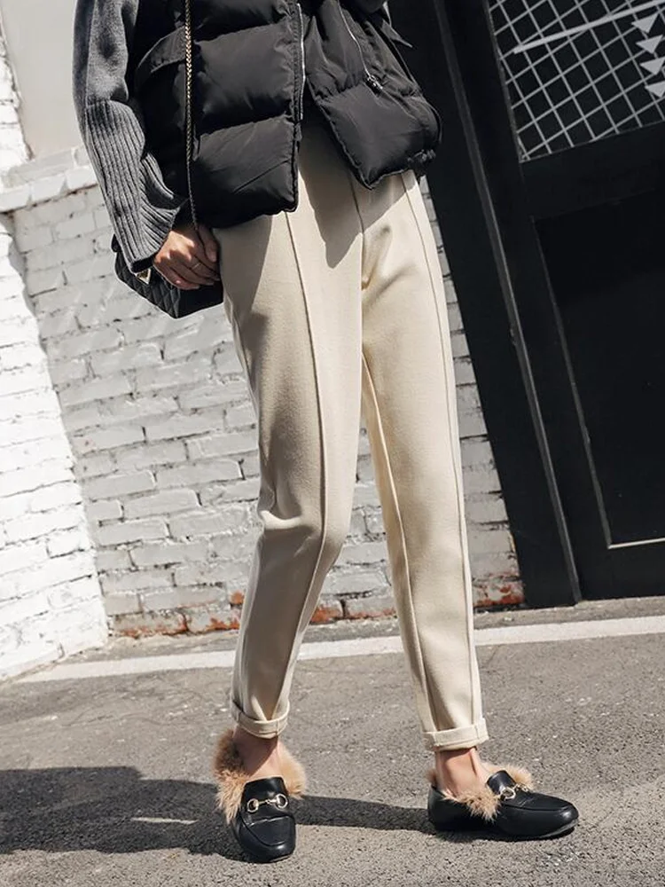

2019 Autumn and Winter Woolen Pants Big Code Loose Korean Version Casual Suit Pants Harlan Female Small Feet Long Women Trousers