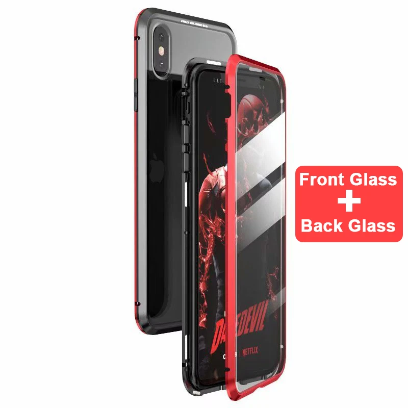 OMG Double sided glass Magnetic case for iphone XS Max X 7 8 Plus Luxury metal 360 degree Full protection coverfor iphone 7 8 Xr - Цвет: black red