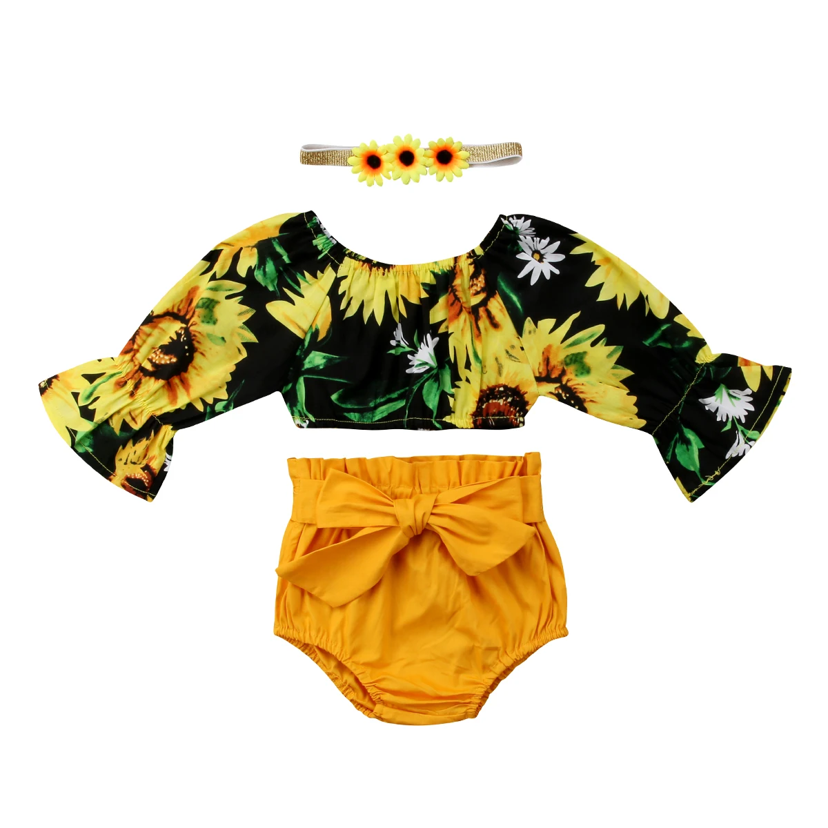 

3PCS Toddler Kids Baby Girls Clothes Outfits Crop Tops Long Sleeve Floral Shirt Bow Shorts Headband Outfits Set Baby Girl 1-6T