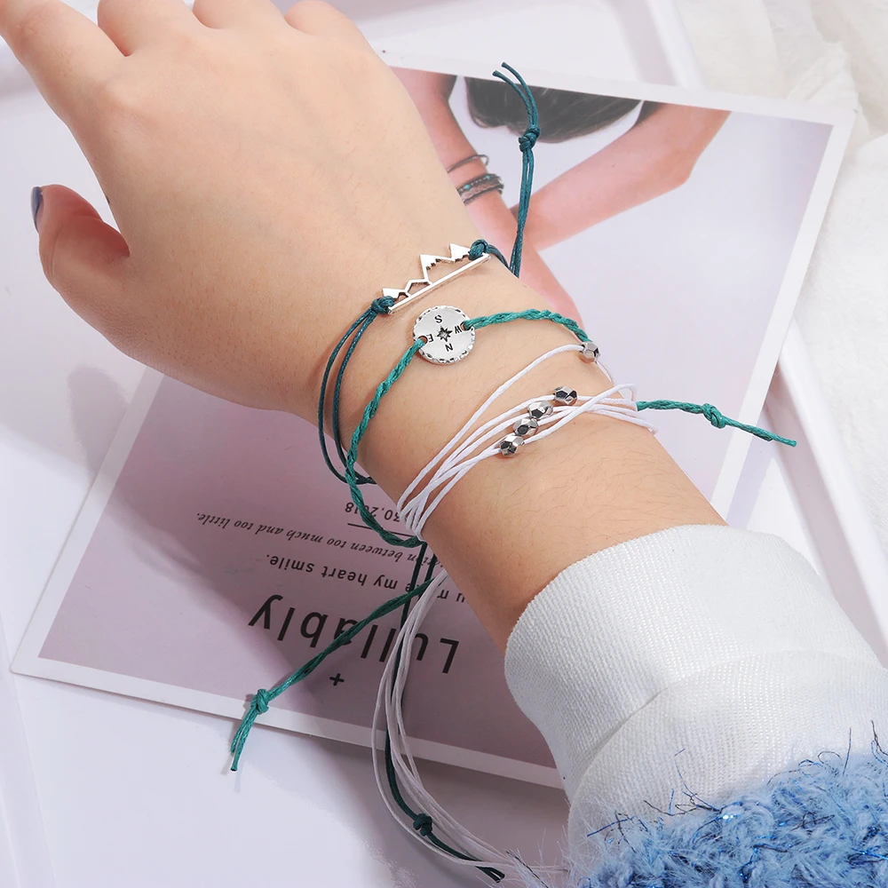 

3Pcs/Set Adjustable Bohemia Mountain Multilayer Rope Chain Bracelet Women Handmade Weave Silver Compass Bracelets Jewelry Gifts