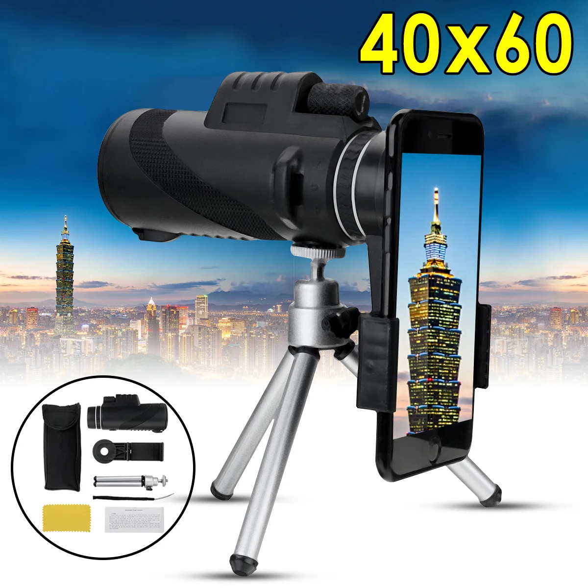 En Ligne 40X60 Zoom HD lentille Mini Vision nocturne monoculaire télescope avec trépied téléphone Clip jumelles de poche pour la chasse en plein air Camping