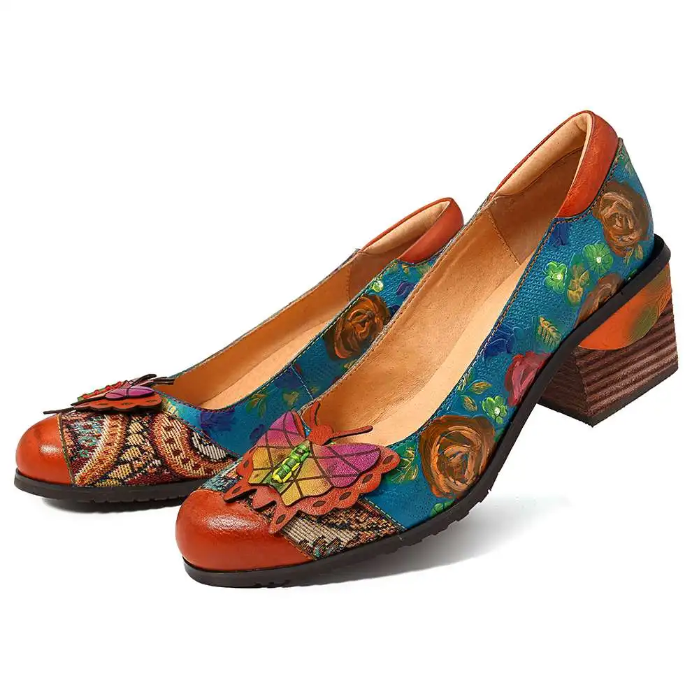 SOCOFY/классические туфли-лодочки в винтажном стиле; ручная роспись; цветочный узор; сплайсинга; Бабочка; туфли-лодочки из натуральной кожи без застежки; женская обувь на высоком каблуке