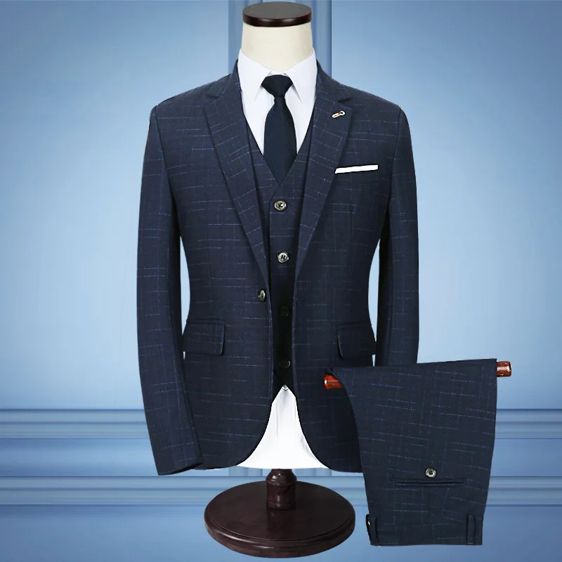 

2019 business men Suit the three suits business attire to marry the groom dress wash and wear blue cultivate one's morality