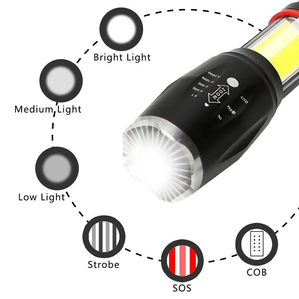 Multifunction Led flashlight waterproof T6 L2 torch hidden COB design flashlight tail super magnet design camping lamp