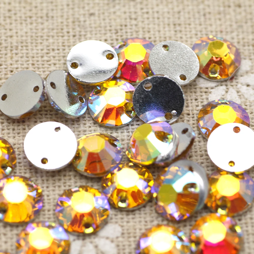 

8mm 100pcs Round Yellow AB Silver Base Sew On Rhinestone Beads 2 holes stone for garment accessories Decoration