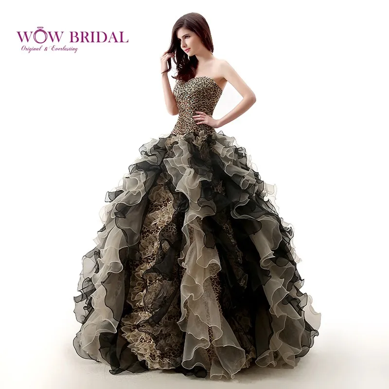 Wowbridal Сексуальная Печати Леопарда Quinceanera Платье Без Бретелек Блесток Бисера Органзы Многоуровневое Ruffles Бальное платье для 18