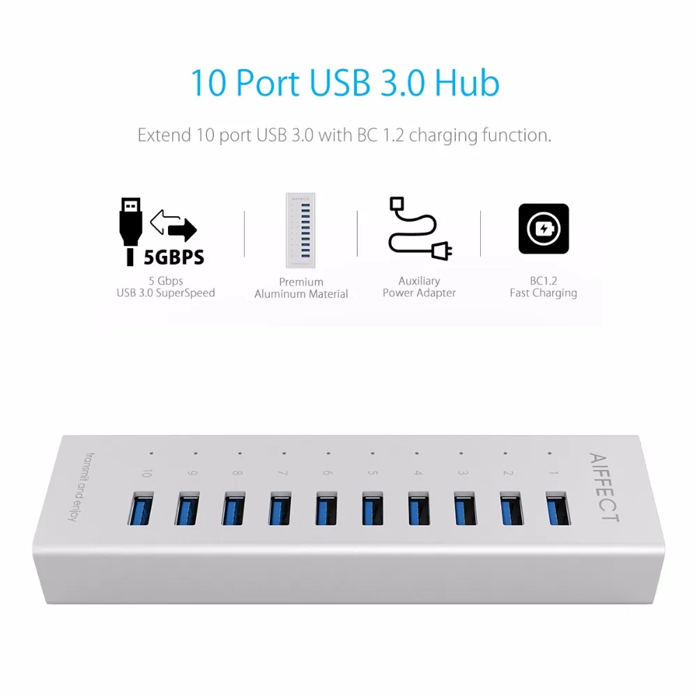 AIFFECT 10 портов алюминиевый сплав BC1.2 12V2A Быстрая зарядка зарядное устройство USB 3,0 концентратор с 1 м USB кабель для передачи данных для iPhone Xiaomi htc huawei