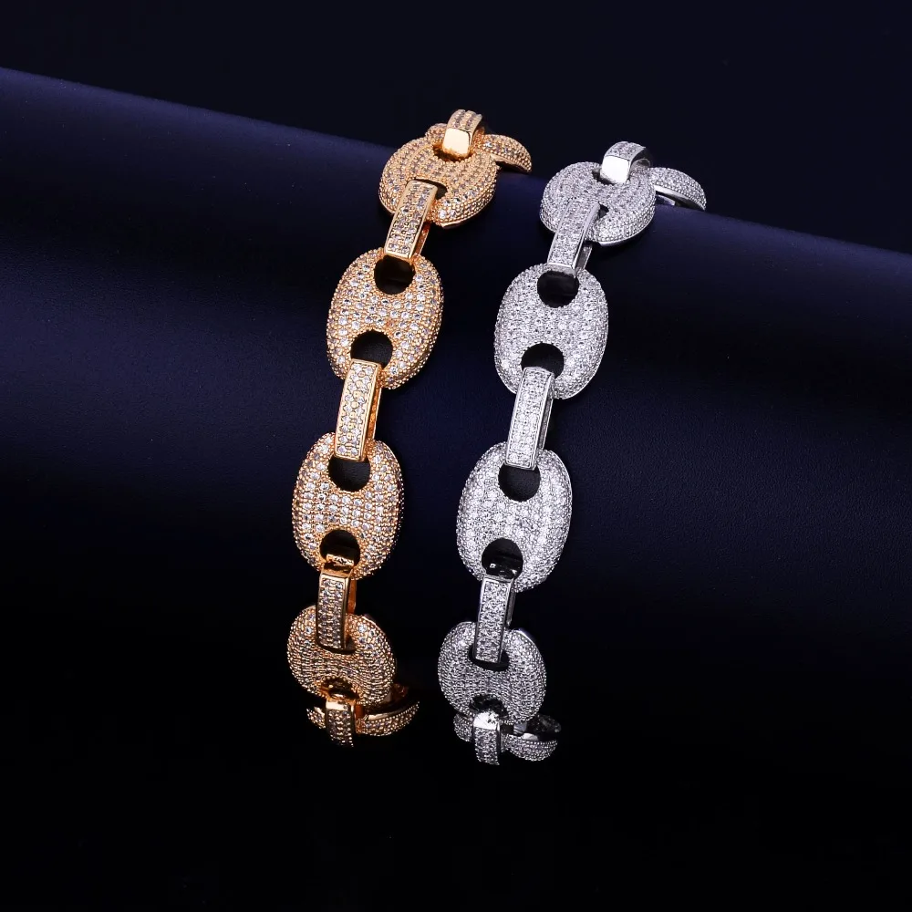 12MM Gold Men's Cuban Link Chain Bracelet Men's Hip hop Jewelry Copper Material Iced Cubic Zircon Chain Bracelet 8"