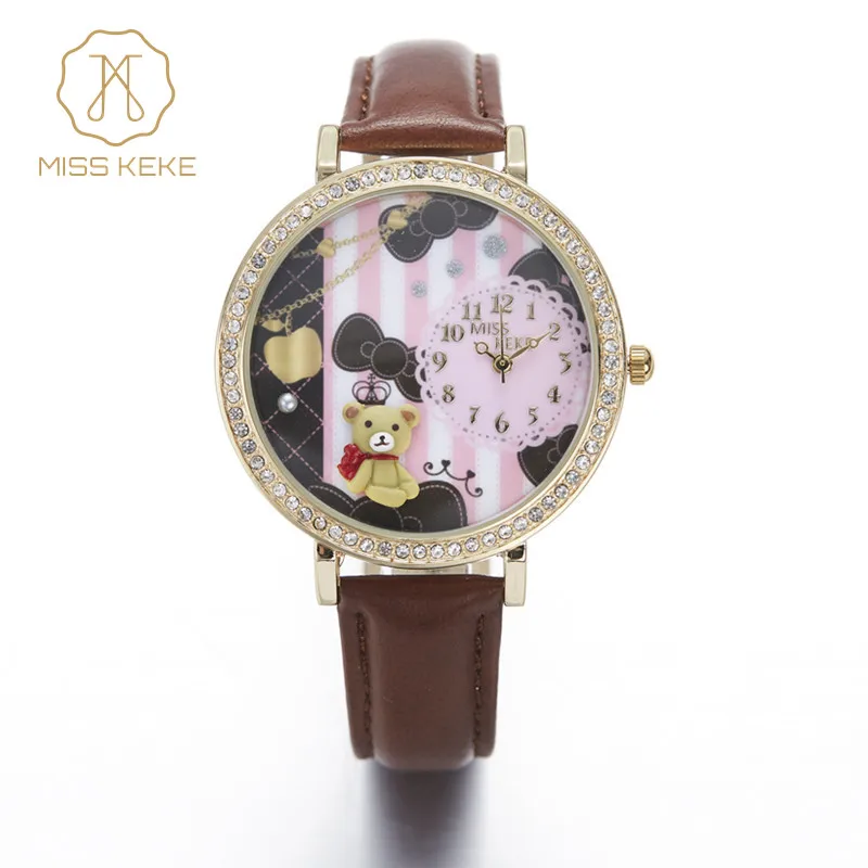 Miss Keke 3d глина милый мини мир медведь Стразы Часы Relogio Feminino женские кварцевые кожаные часы-браслет 924