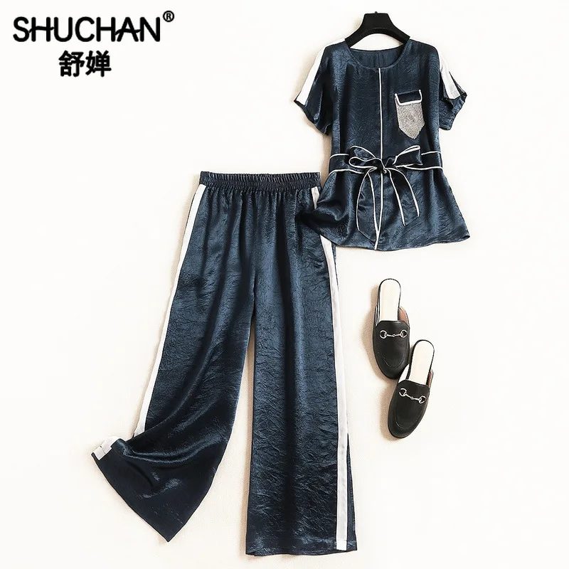 

Shuchan Two Piece Pants Set Women Female Costume Appliques Top+wide Leg Pants with Stripes on The Sides Tracksuit Women 51229