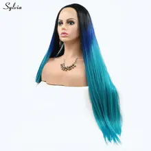 Sylvia Ombre синий синтетический парик с кружевом спереди термостойкий парик для женщин шелковистый прямой темно/светло-синий косплей парик ежедневного ношения
