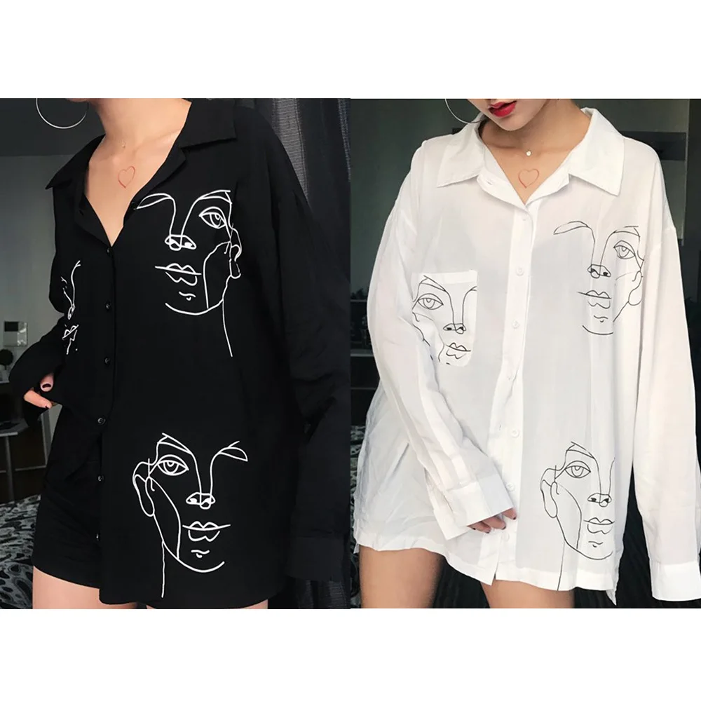 Женская свободная рубашка bf wind Printed Sketch Portrait с длинным рукавом на пуговицах