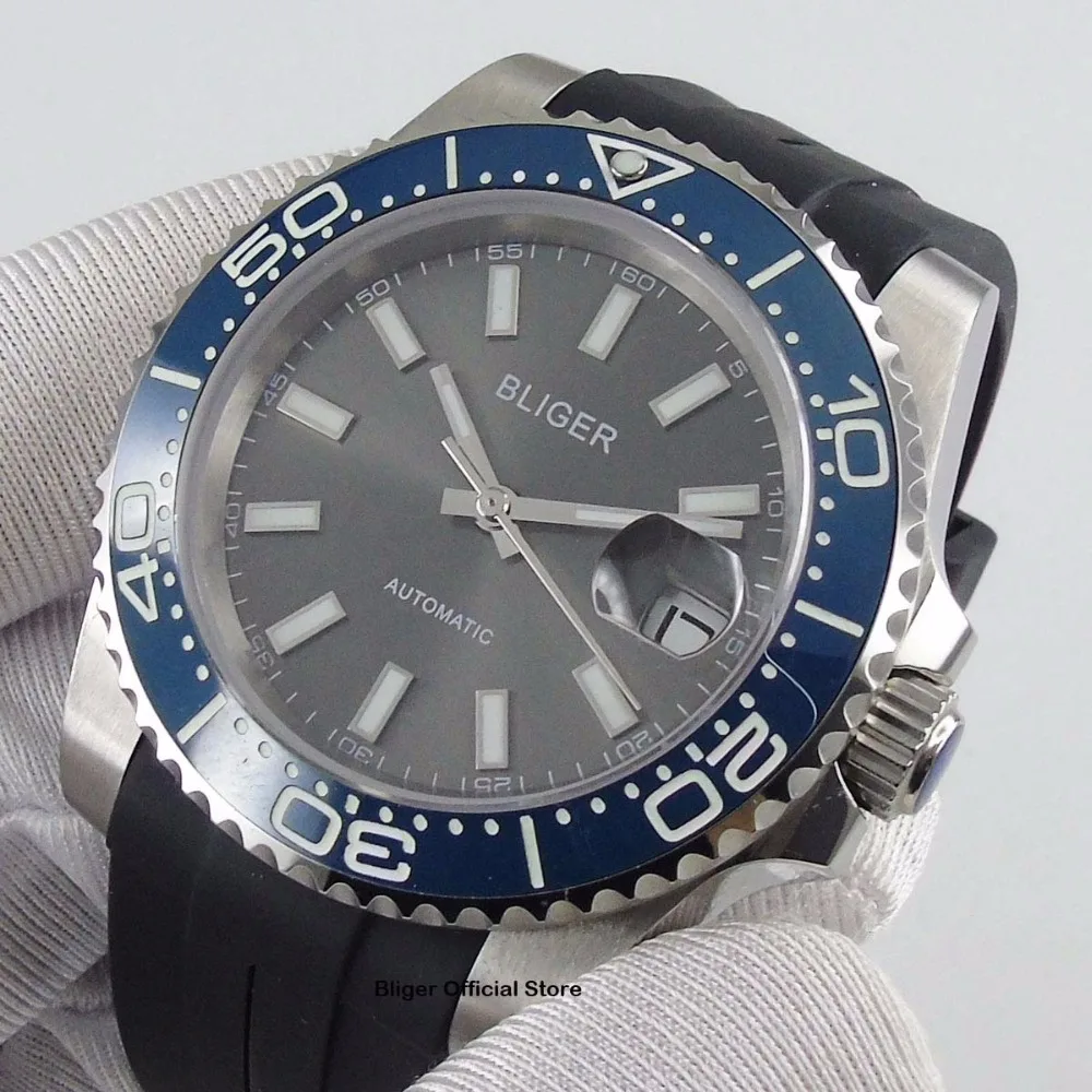 Saphire Glass BLIGER 40 мм Мужские часы Авто Дата серый циферблат MIYOTA автоматические