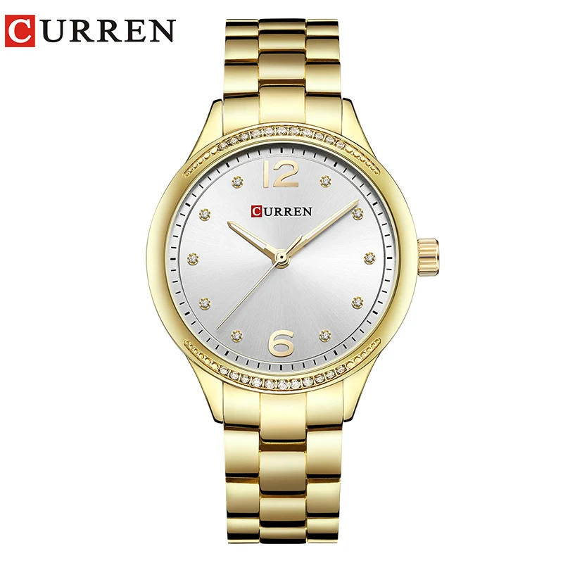 CURREN простой стиль женское платье Кристалл Кварцевые часы Бизнес наручные часы из нержавеющей стали браслет дамы подарок 9003 розовое золото - Цвет: gold white