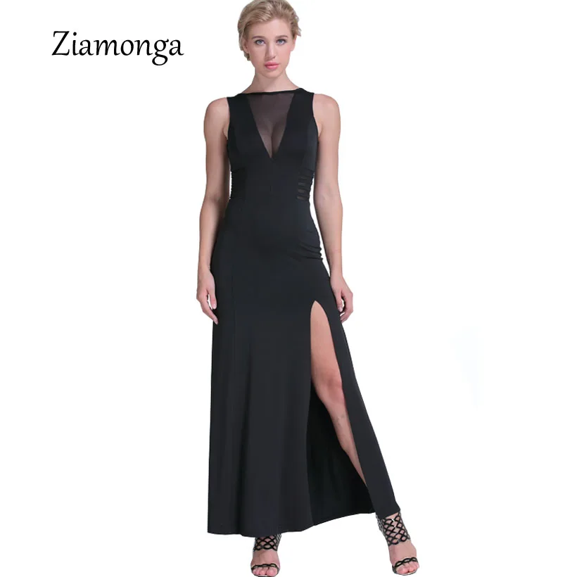 

2017 New Women Dress Sexy Black Split Maxi Dress Sleeveless O-Neck Ankle-Length Long Dress Elegant Evening Party Dresses S2396