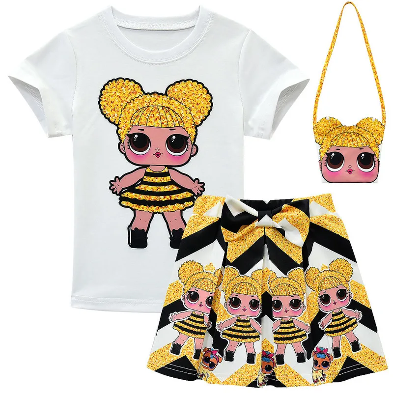 

Baby Girls Clothes Sets 2019 Summer Lol Doll Short Sleeve Top+Bow Cartoon Print Skirt+Bag 3-piece Kids Children's Clothing Suit