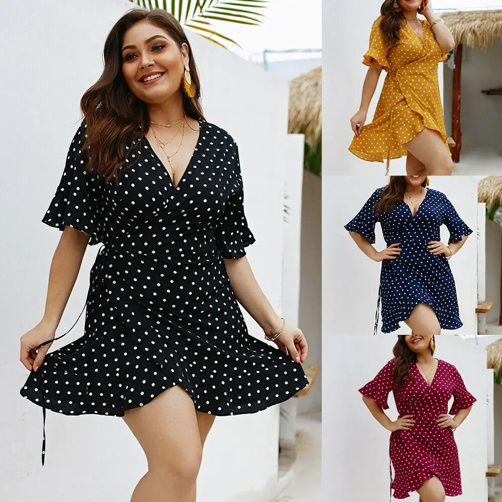 Plus Size Dress Women Polk Dot Holiday Beach Dress Femme Ladies Casual Short Sleeve Boho Evening Party Dress Summer Sundress