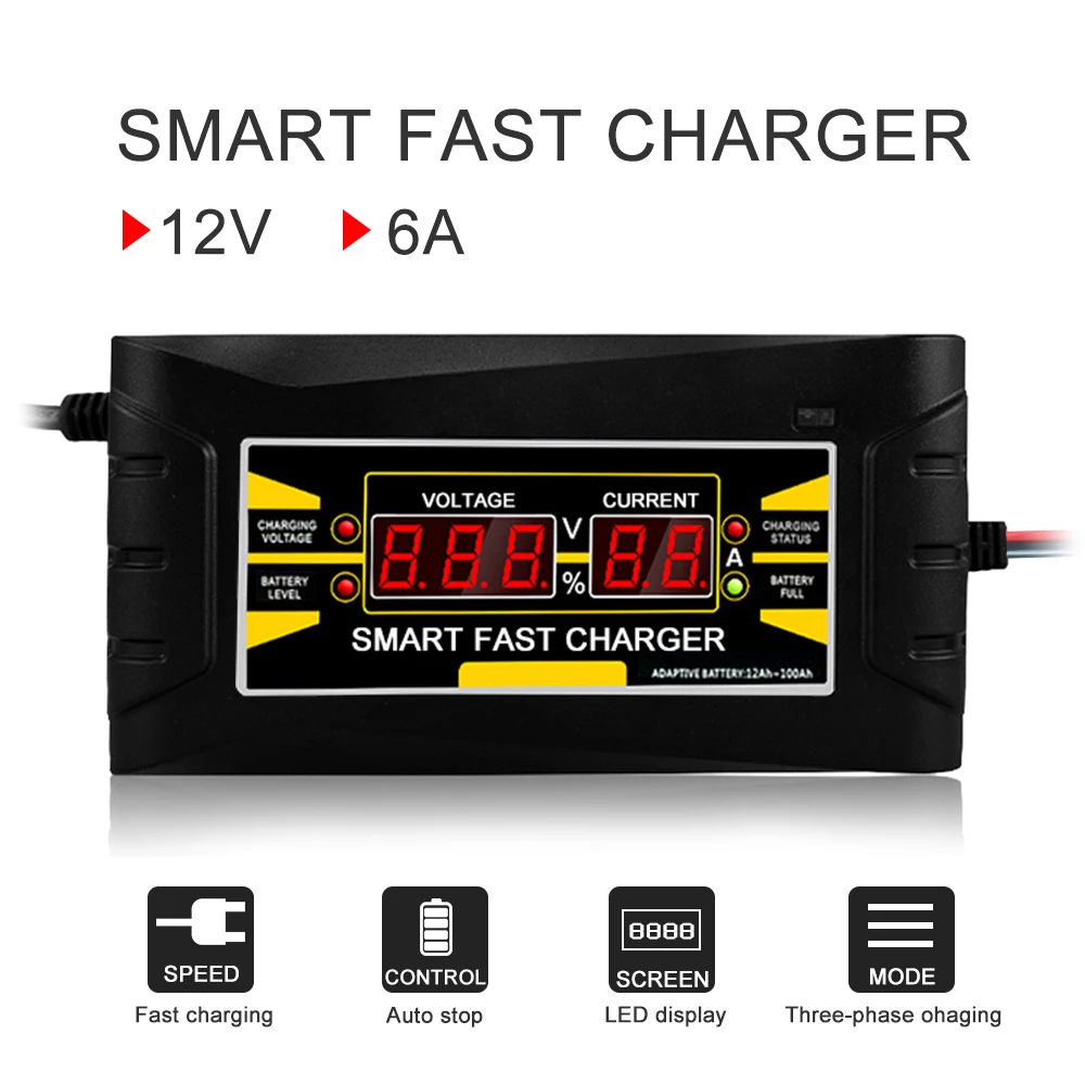Car Battery Charger Full Automatic 150V/250V To 12V 6A Fast Power Charging For Wet Dry Lead Acid Digital LCD Display EU Plug
