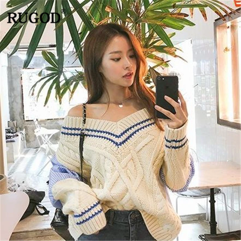 

RUGOD 2019 Fashion Women Pullovers Striped V-Neck Casual Solid Women Sweater Korean Knitted Women Spring Clothes sueter mujer
