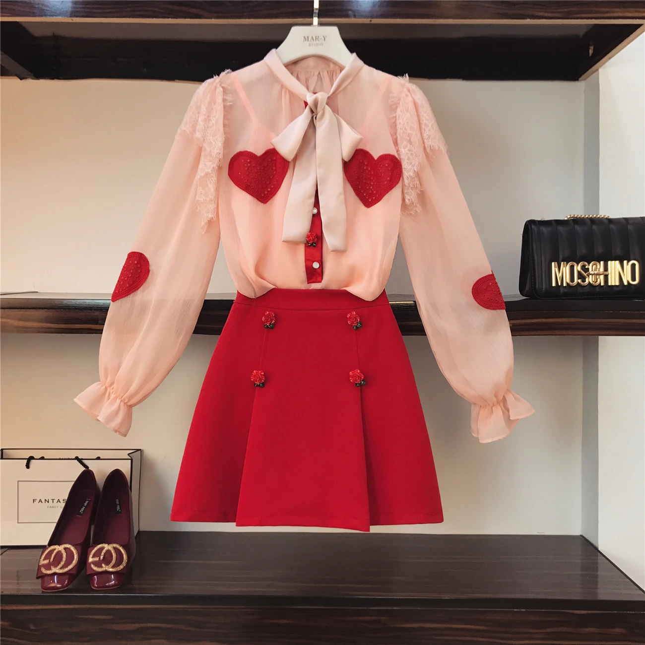 

Spring Summer Dress Suit Woman New Korean Fairy Temperament Blouse + Red Skitys Two-piece Suit Girls Ladies Vestidos Dress Set