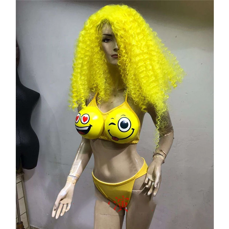 لطيف مبتسم الوجه الأصفر بيكيني شعر مستعار مجموعة مثير النساء DJ المغني المرحلة تظهر ارتداء المصفقين احتفال حزب طقم ملابس DWY1351