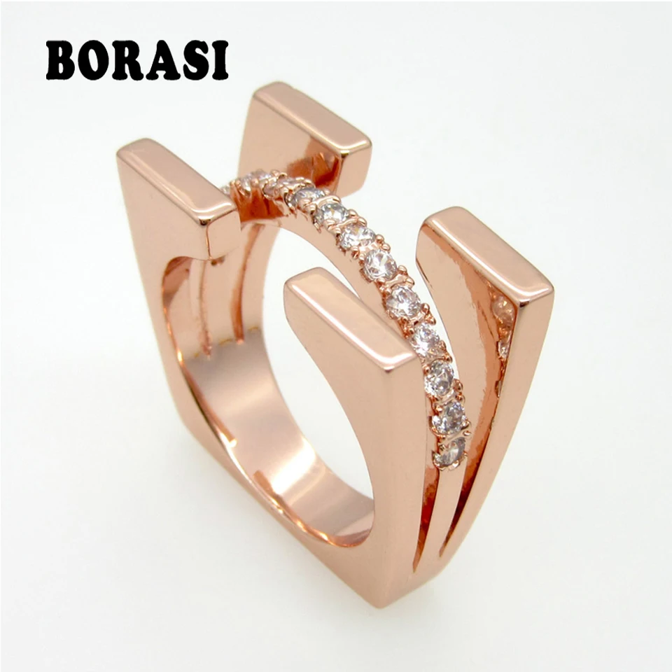 

Top Quality Fashion Jewelry Square Double Luxury Brand Crystal Ring For Women Rose Gold Color With Cubic Zircon Ring
