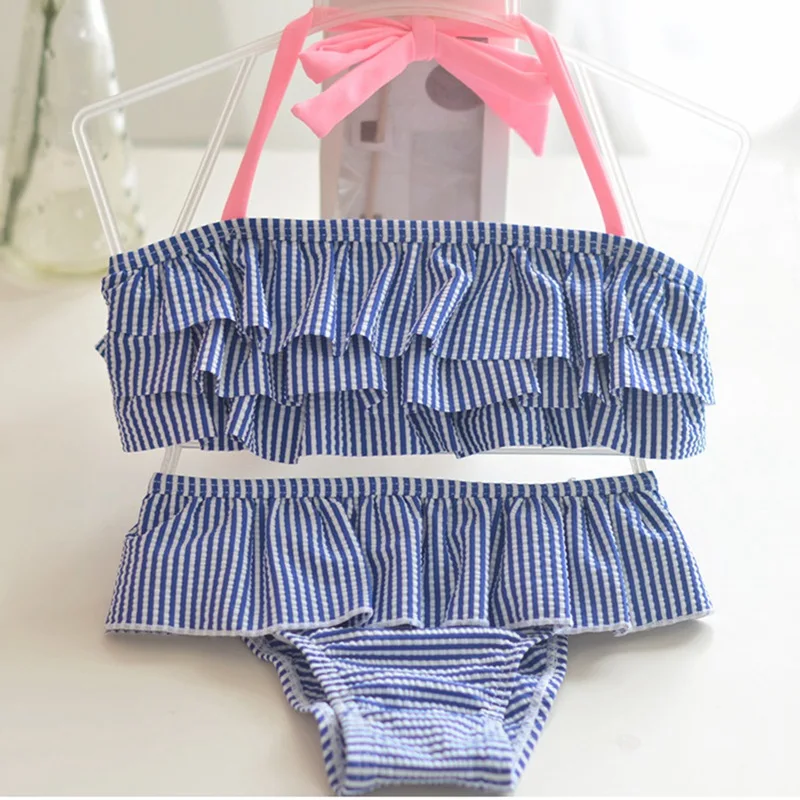 Girls Striped Split bathing Bikini Lace Halter Tops Tiered Skirt Brief Bottoms Baby Girls Swimsuit