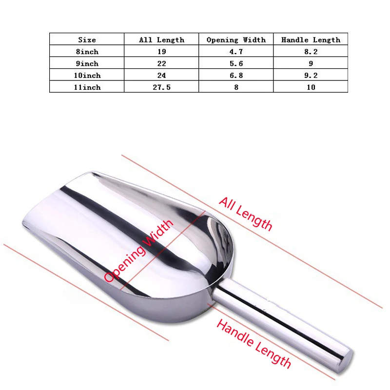 8-11 дюймов из нержавеющей стали скребок для льда, пищевой муки, бобов, кофе, ложки для конфет, мороженого, ложки для домашних животных, кормушка, совок, лопатка для кухни