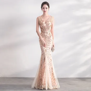

Gold Sequin Evening Dress Long Mermaid With Slit Sexy V neck Elegant Bride Banquet Party Gown Abendkleidervestido De Festa Longo