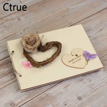 

Personalised Wooden Guest Book with love heart rattan Rustic engraved name & date GuestBook custom Couples Wooden Guest Book