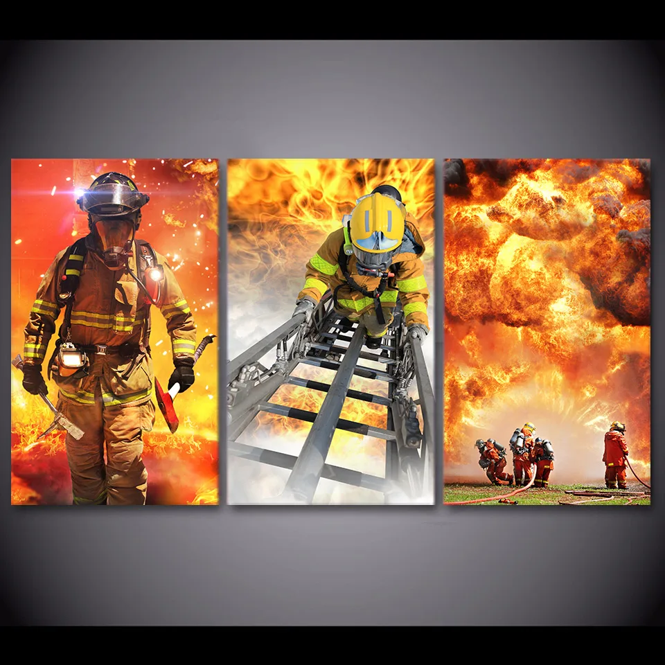 3 Pcs/Set Framed HD Printed Fireman Fire Flame Fighting Poster Picture