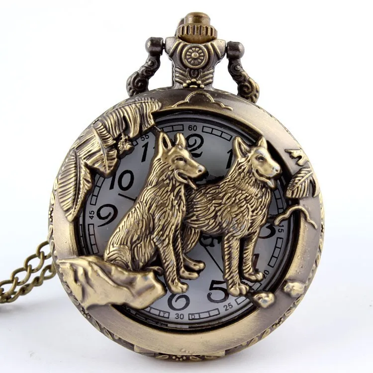 Ретро Бронзовый собака волк Holow кварцевые карманные часы с цепочки и ожерелья цепи для женщин мужские Прохладный Подвесные часы