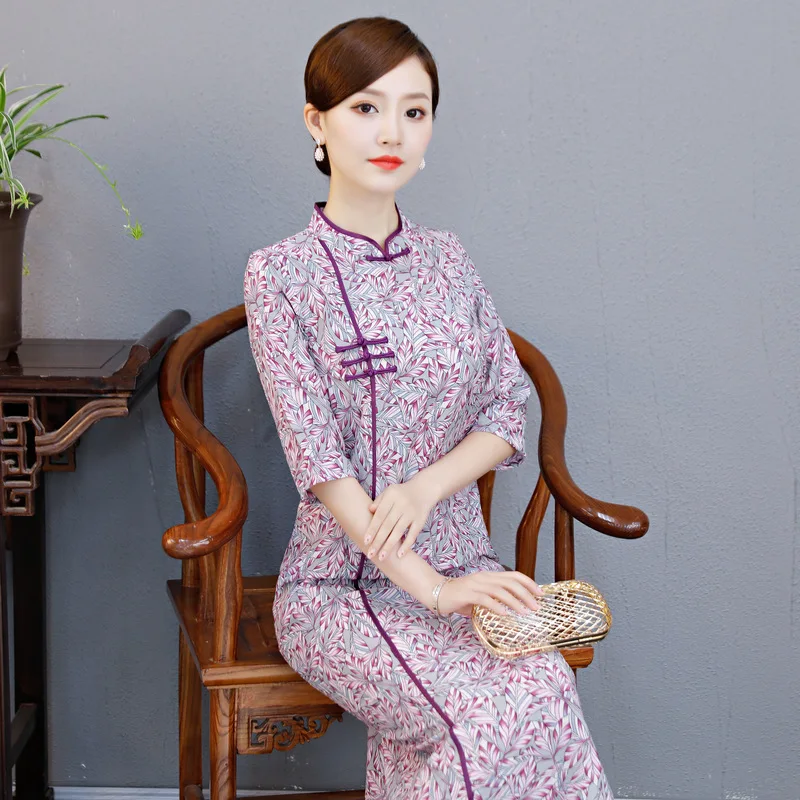 Винтажное китайское женское длинное Cheongsam осеннее Полосатое обтягивающее летнее платье ручной работы на пуговицах классическое Qipao M L XL XXL