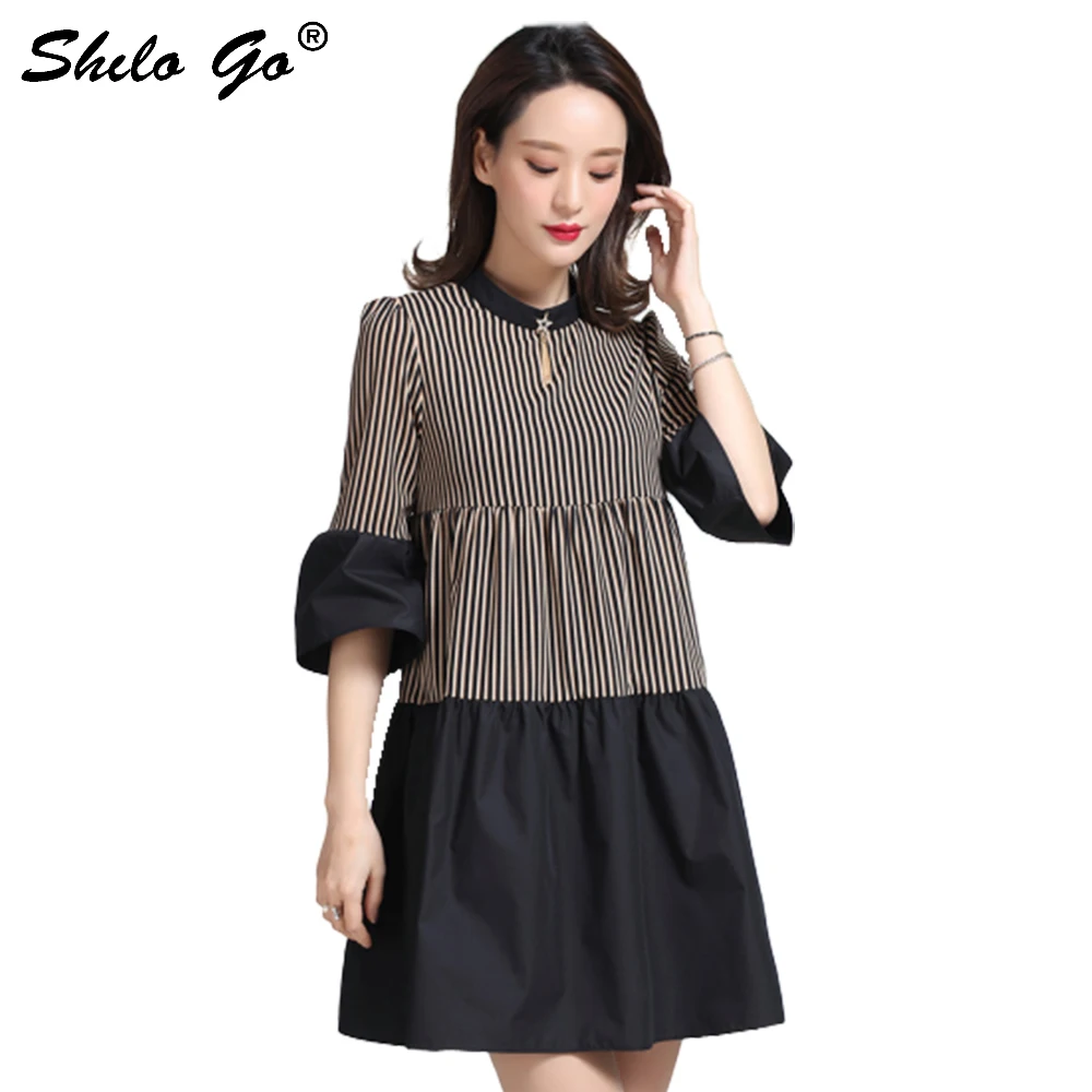 

Striped Dress Women New Summer Ratchwork Mini Dress Ruffled Half sleeve Stand collar pleated female casual A Line dress vestidos