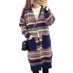 Для женщин свитер кардиган Новинка Зимы 2016 г. Лидер продаж Повседневное свободные длинные Национальный Стиль Цветочный полосой вязаные
