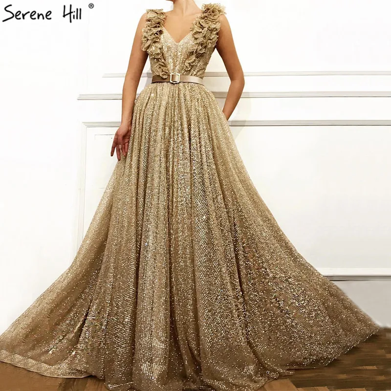 2020 New Gold Glitter Ruffles Evening Dresses Sexy Deep V neck Long Formal Dress Party Gown Robe