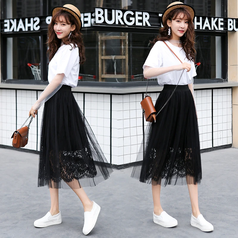 Fashion Midi Summer Skirts 2018 Solid Ankle-length Lace Empire Mesh Pleated Promotion Special Offer Skirt | Женская одежда