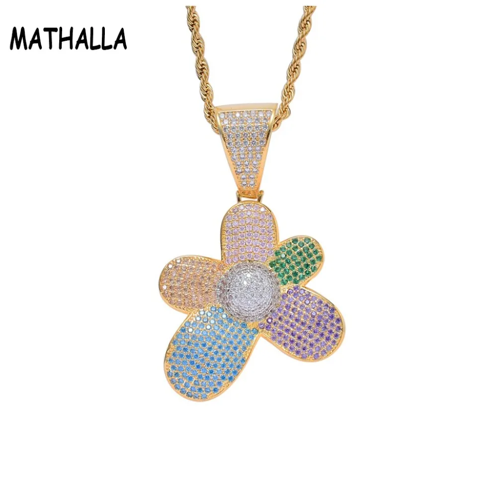 

Colorful Hip Hop Flower Jewelry Micro Pave Iced Out Rainbow AAA+ Cubic Zirconia Flower Pendant Necklace Collares Joyeria Unisex