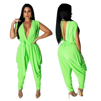 

Hot Sale Sexy Solid Deep V Neck Sleeveless With Belt Harem Pants Women Jumpsuits Women Rompers