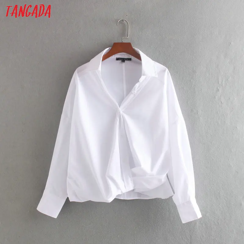  Tangada women chic white blouse oversized long sleeve turn down collar female french style shirts s