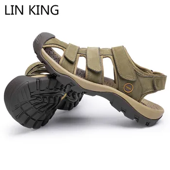

LIN KING New Plus Size Mens Sandals Summer Genuine Leather Shoes Classic Men Outdoor Sandals Waterproof Non Slip Man Beach Shoes