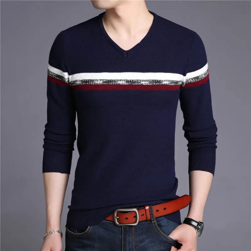 Весенне-осенний свитер для мужчин, Новое поступление, брендовый Повседневный пуловер для мужчин, v-образный вырез, лоскутные вязаные свитера для мужчин, большие размеры - Цвет: A-37 Upper cyan