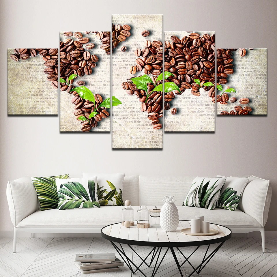 Холст Кофе бобы Плакаты Wall Art 5 шт. рамки HD печать фотографии Еда живопись кафе