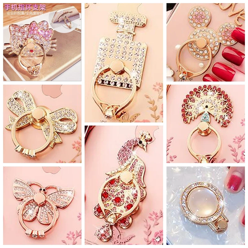 360 Degree Rotate Diamond Bow Rhinestone Bear Finger Ring Holder Smartphone Desk Stand For Iphone X XS Max/Samsung/Xiaomi/Huawei